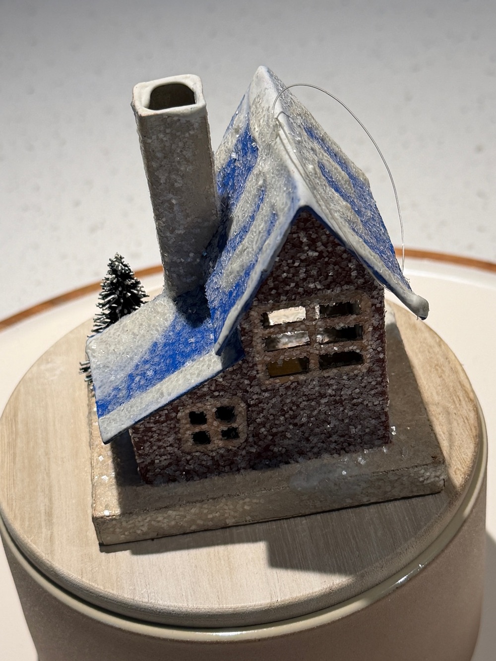 Miniature Snow-Covered Cottage Ornament in Blue and White Putz Imitation House